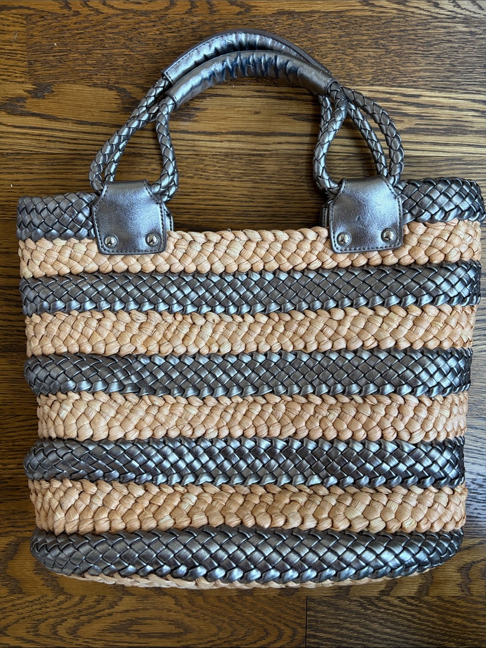 Talbots Braided Straw Tote with Metallic Gray Stripes